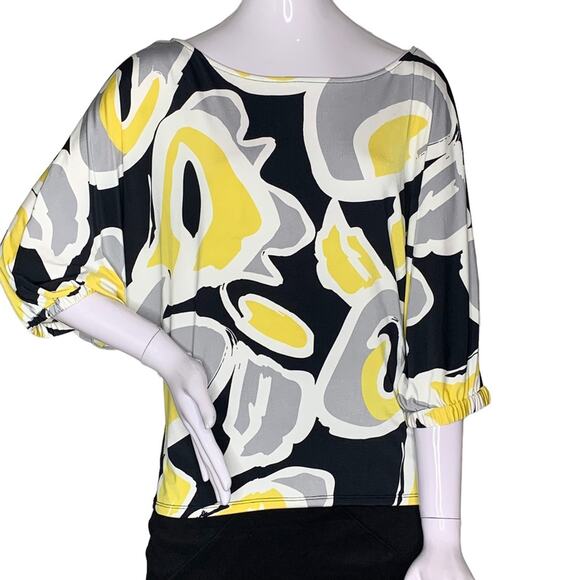 Worthington Stretch Women Top Size S 3/4 sleeve Black Yellow White Elastic Cuffs - Picture 2 of 7